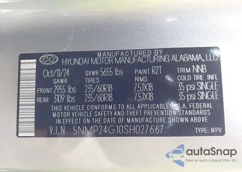 2025 Hyundai Santa Fe Hybrid Sel из США, поврежденный, VIN 5NMP24G10SH027667